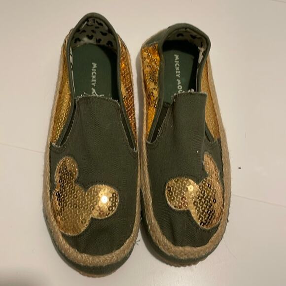 Disney Mickey Mouse Espadrilles Olive Green Canvas Gold Sequin Size 9 - Picture 1 of 6